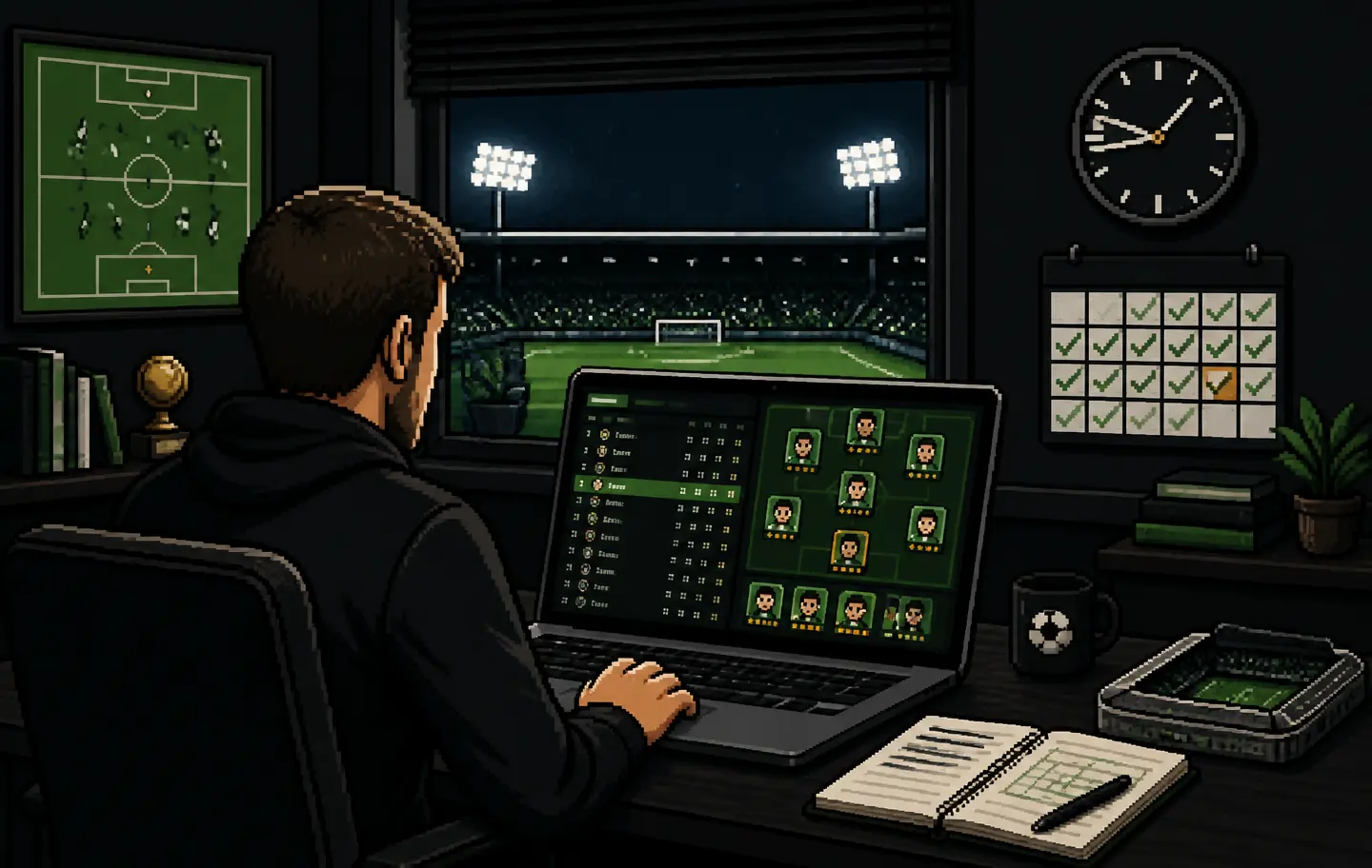 Pixel art manager returning to an online football club in the evening