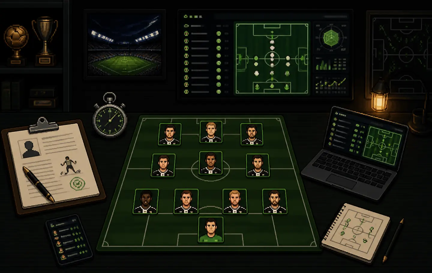 Pixel art football tactics desk with a squad formation and management tools
